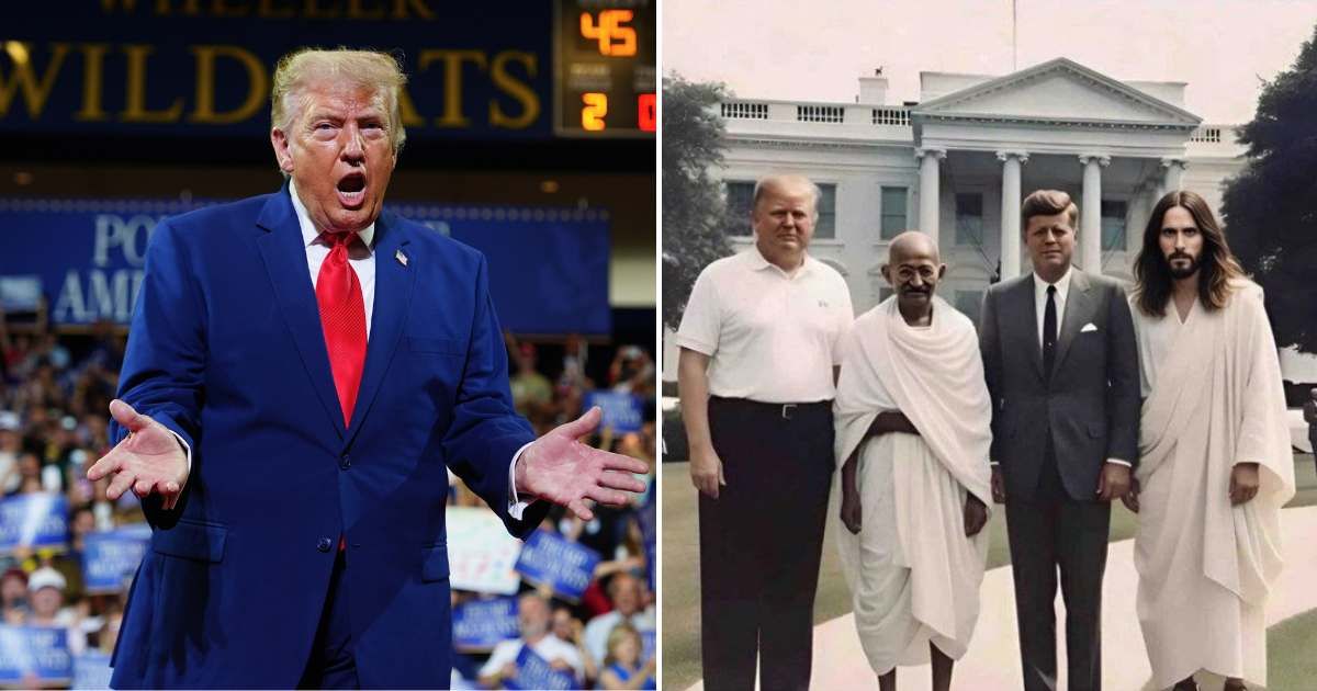 A viral screenshot claims to show a post by President Donald Trump, standing alongside Gandhi, JFK and Jesus (AP Photo, @glenn_tunes/X)
