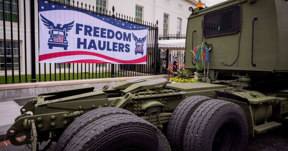 A military truck is parked at the announcement event of the Freedom Haulers initiative on West Executive Avenue on July 30, 2026, in Washington, DC (Andrew Harnik/Getty Images)