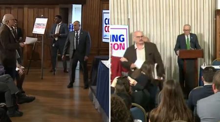 Protester disrupts Chuck Schumer's anti-corruption speech, calls out his 'diabolical record'