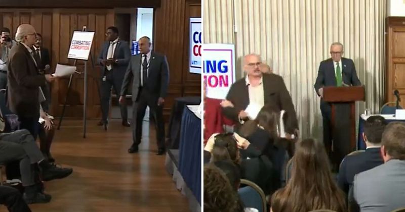 Protester disrupts Chuck Schumer's anti-corruption speech, calls out his 'diabolical record'