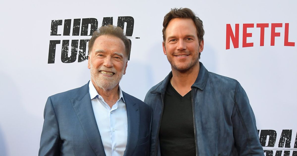 Chris Pratt celebrated his father-in-law Arnold Schwarzenegger’s 79th birthday with a lighthearted Instagram tribute, sharing a photo of the two dressed in nearly identical navy blue outfits (Getty Images)