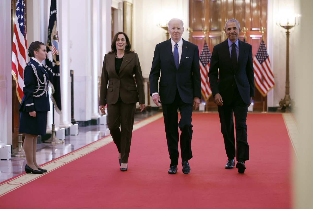 WASHINGTON, DC - APRIL 05: (L-R) Vice President Kamala Harris, former President Barack Obama, and U.S. President Joe Biden arrive for an event to mark the 2010 passage of the Affordable Care Act in the East Room of the White House on April 5, 2022 in Washington, DC. With then-Vice President Joe Biden by his side, Obama signed 'Obamacare' into law on March 23, 2010. (Photo by Chip Somodevilla/Getty Images)