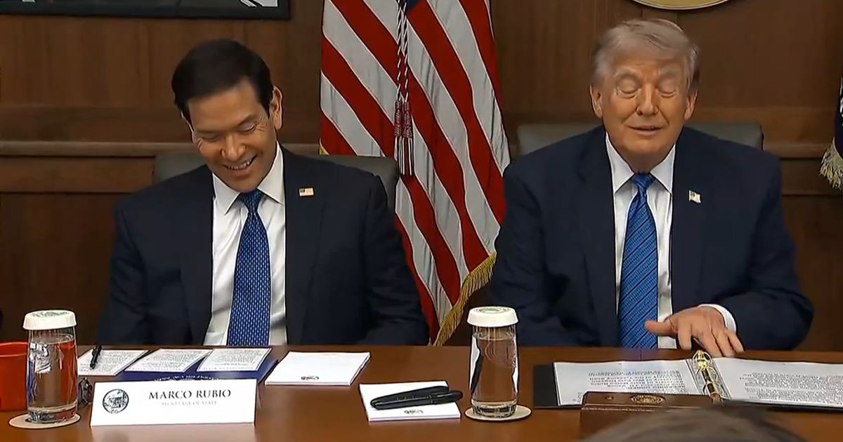 President Donald Trump hosted a rare Cabinet meeting at Camp David on July 31, where Secretary of State Marco Rubio opened the session with a lighthearted joke that quickly drew laughter from the president and other officials (Screengrab/X/nicksortor)