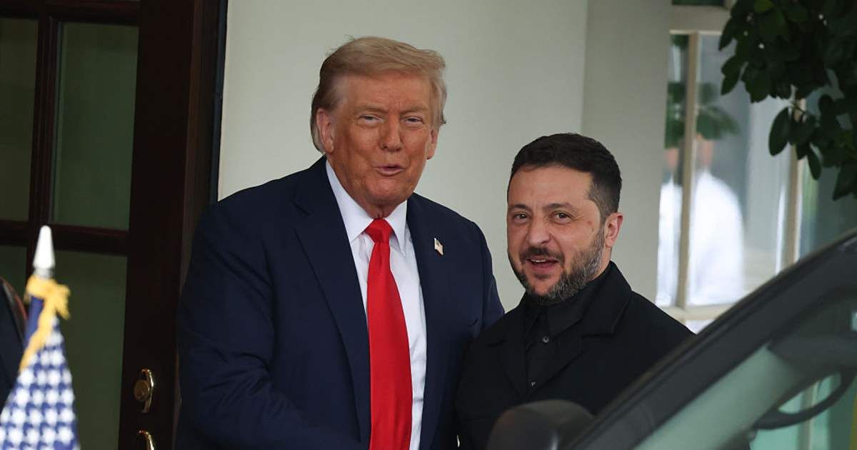President Donald Trump greets Ukrainian President Volodymyr Zelensky at the White House on August 18, 2025, in Washington, DC (Getty Images) 