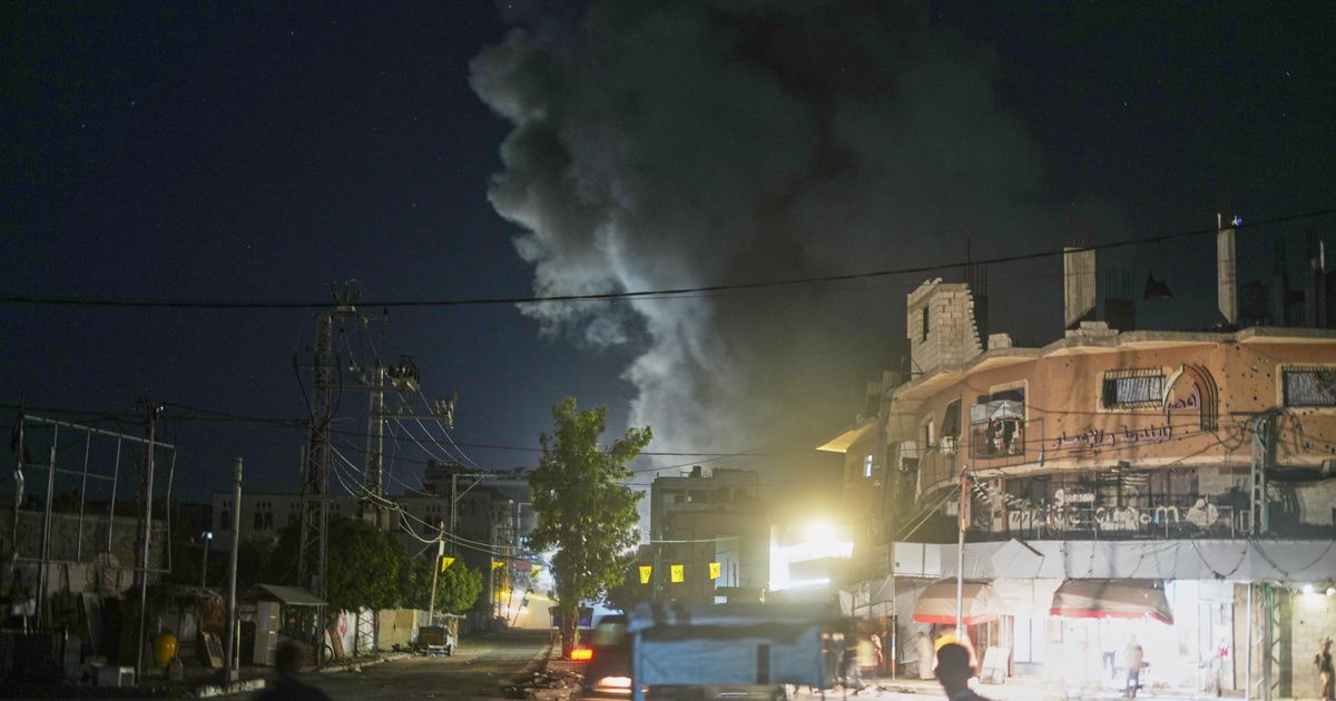 A plume of smoke rises following an Israeli military strike in Nuseirat, central Gaza Strip, Friday, July 31, 2026 (AP Photo/Abdel Kareem Hana)