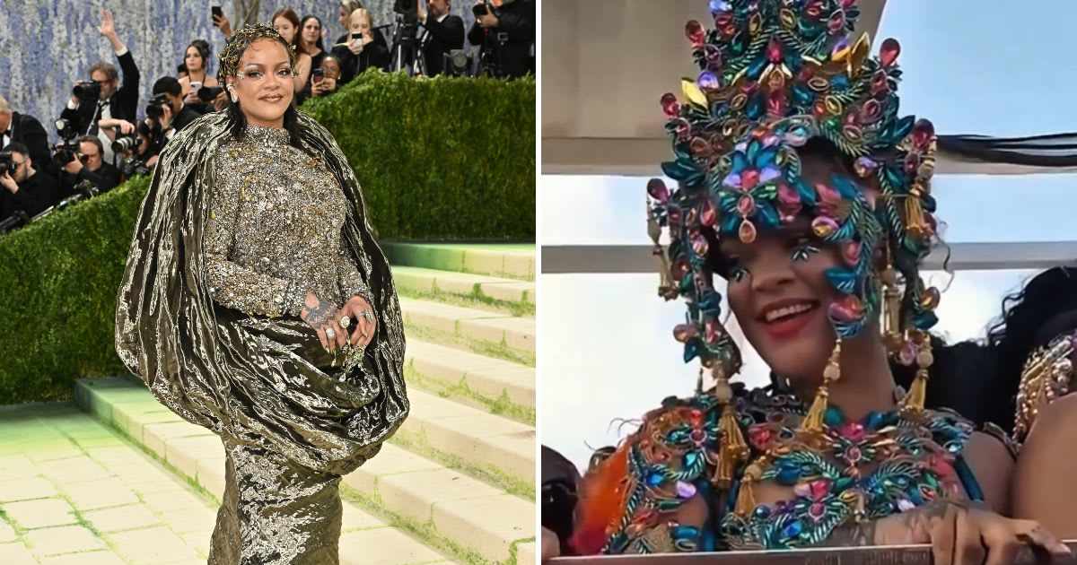 Rihanna attends Grand Kadooment Day carnival in Barbados wearing  jewel-encrusted ensemble (Photo by Evan Agostini/Invision/AP, Screengrab/@hqfenty)