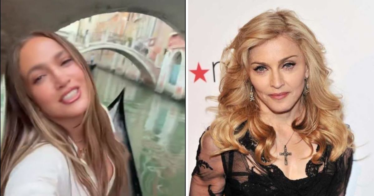 Jennifer Lopez couldn't help but recreate the iconic scene in which Madonna rides a gondola through the canals of Venice (Screengrab/@JLo/X, Getty Images)