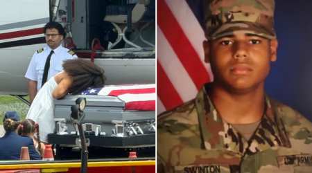 Video shows widow of US soldier killed in Iran war breaking down while embracing his casket