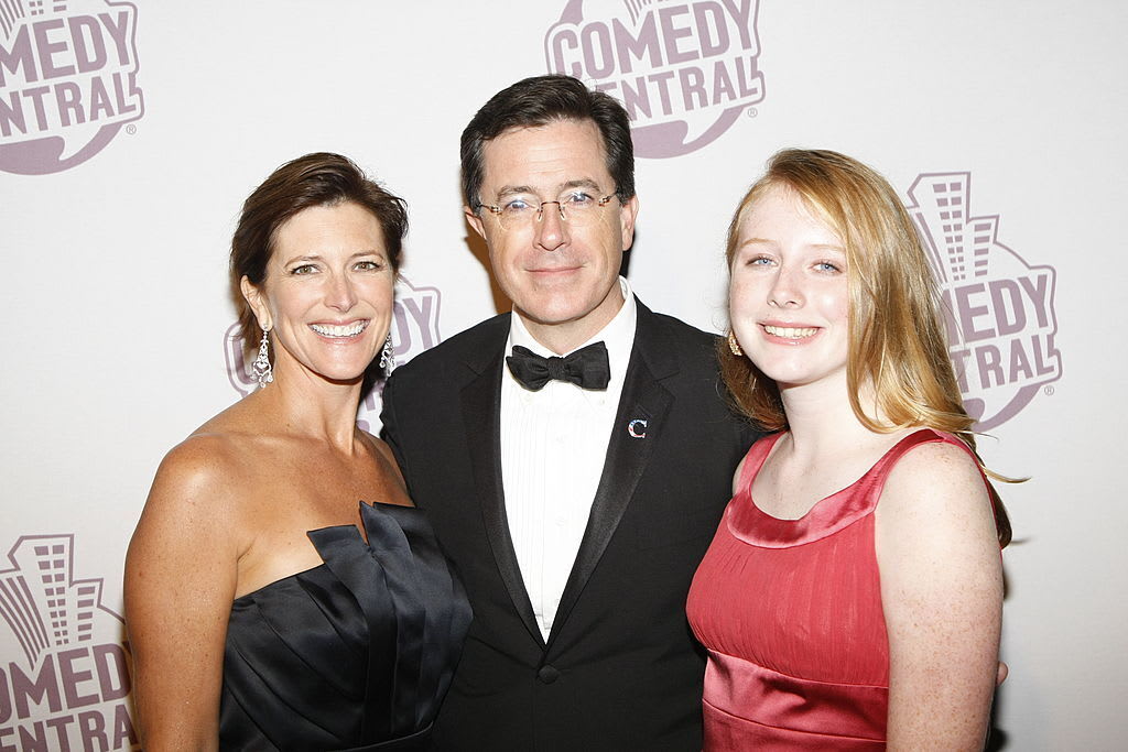 'The Colbert Report' talk show host Stephen Colbert (C, his wife Evie Colbert (L) and daughter Madeleine Colbert (R) arrive at Comedy Central's Emmy Awards party at the STK restaurant on September 21, 2008 in Los Angeles, California.