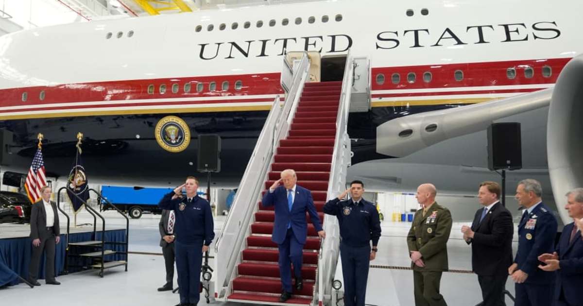 President Donald Trump exits the newly designated Air Force One presidential aircraft following a tour at Joint Base Andrews, Md, Friday, June 19, 2026 (AP Photo/Manuel Balce Ceneta)