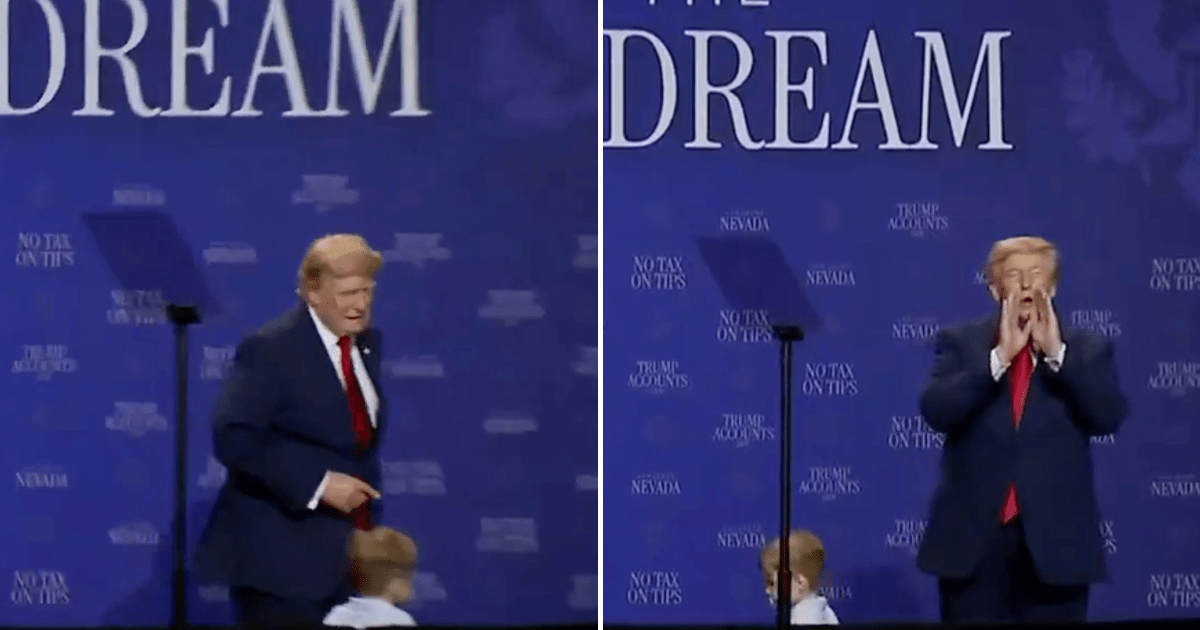 Donald Trump stopped a toddler from wandering off stage during his Nevada event before joking about Joe Biden (@FoxNews/X)
