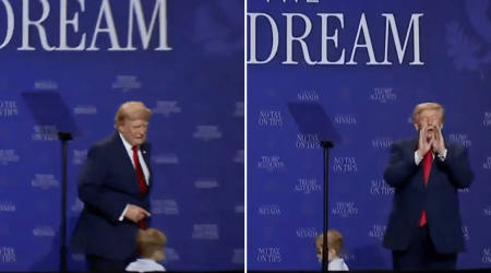 Trump stops toddler from leaving stage, jokes ‘I don’t want him to be Biden and fall’
