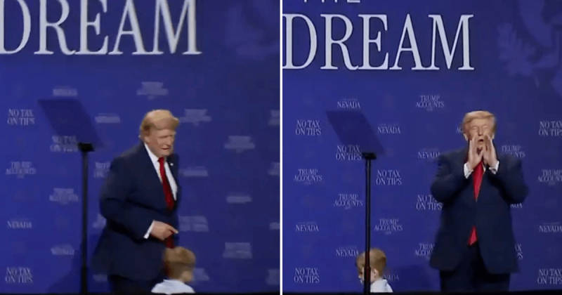 Trump stops toddler from leaving stage, jokes ‘I don’t want him to be Biden and fall’
