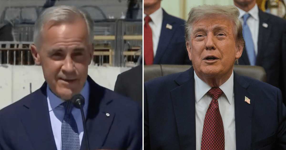 Canadian Prime Minister Mark Carney took an apparent swipe at US President Donald Trump after a teleprompter malfunction interrupted his housing policy news conference in Toronto on August 5 (Screengrab/@sarobertson_/X, Getty Images)