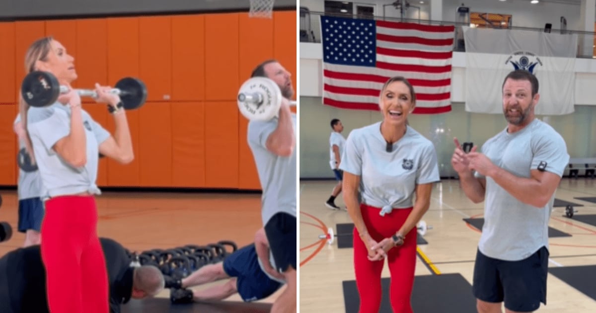 Lara Trump takes part in a tough group workout led by DHS chief Markwayne Mullin alongside Coast Guard members. (SecMullinDHS/X)