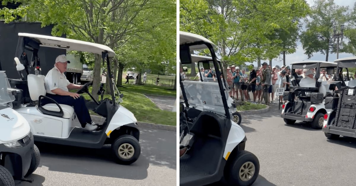 President Donald Trump received a warm welcome as he drove a golf cart around the LIV Golf event at his Bedminster club (@nickyboonz/X)