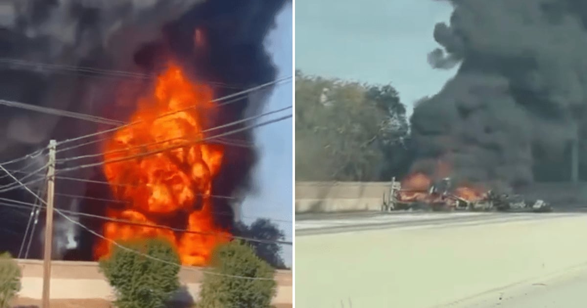 A fuel tanker erupted in flames after crashing on Highway 99 in California (@TheRealSantino/X, @RapidReport2025/X)