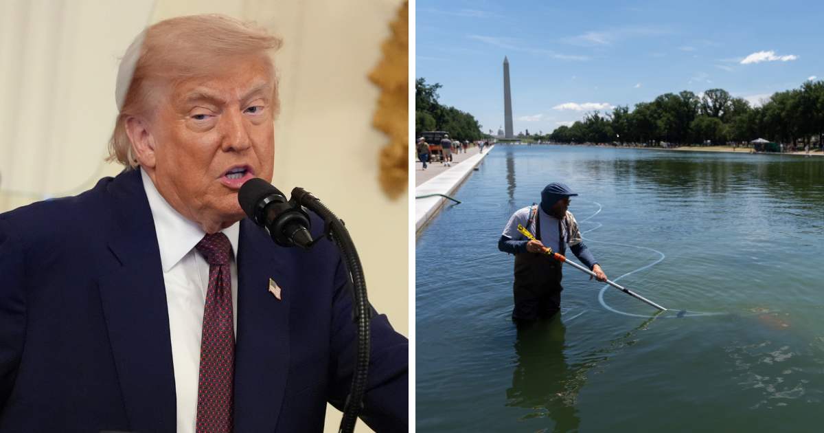 Donald Trump took to Truth Social to share excerpts from court documents describing an employee’s account of David Hearn allegedly pulling at the pool’s blue coating (AP Photo)