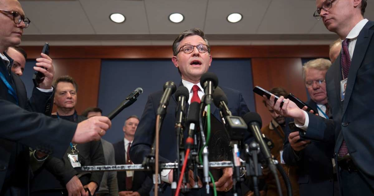 The website, which is divided into five parts, begins with a video message from Mike Johnson. The video message compares  images of unrest in US cities to videos of patriotic displays of the country's 250th anniversary. (AP Photo/J. Scott Applewhite)