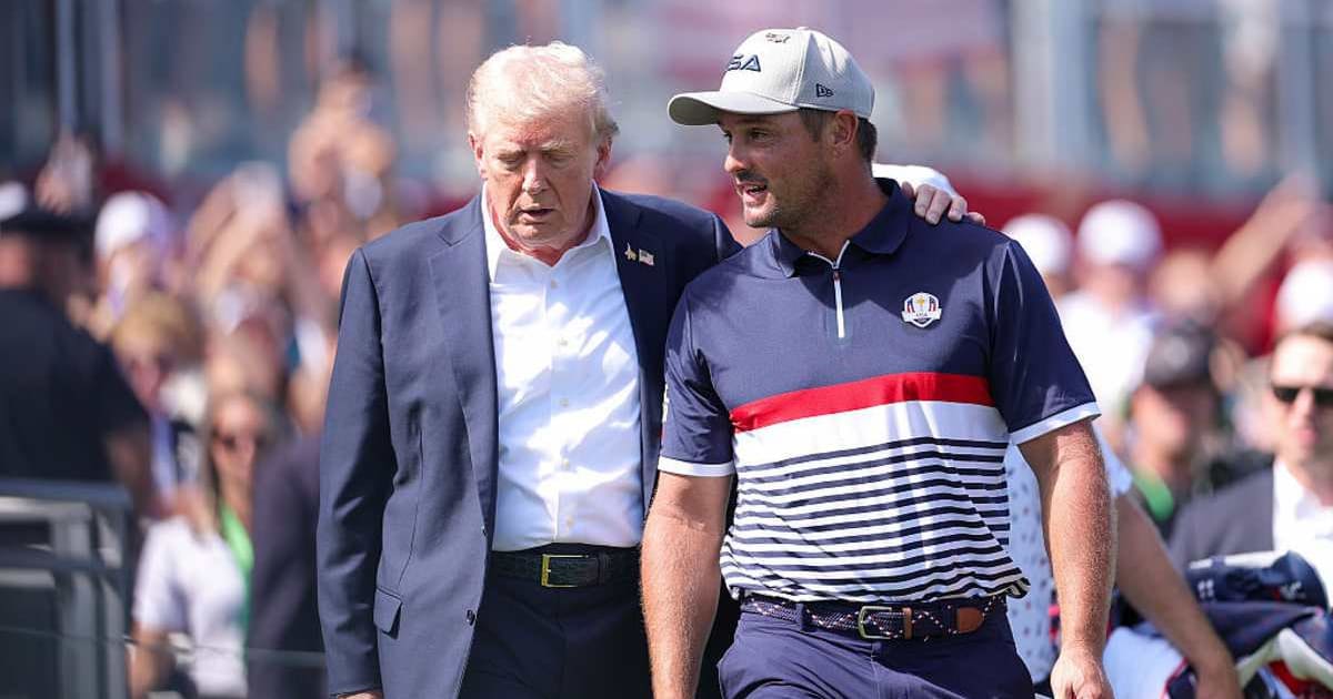 After completing his final round at Trump Bedminster, Bryson DeChambeau met President Donald Trump on the 18th green and had a lengthy conversation with him (Andrew Redington/Getty Images)