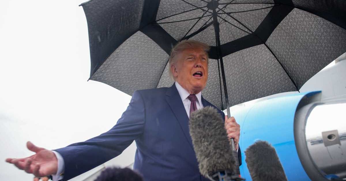 President Donald Trump stops to speak to reporters after landing at Reading Regional Airport on June 23, 2026, in Reading, Pennsylvania (Getty Images)