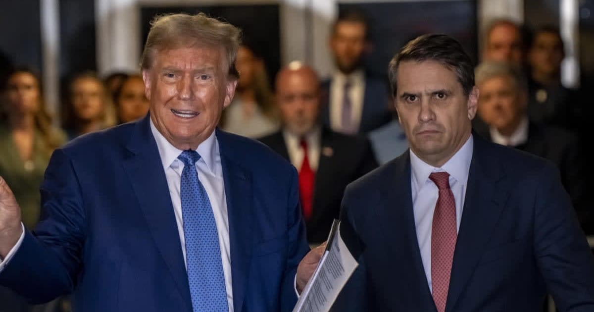 Donald Trump speaks to the media with Todd Blanche at Manhattan Criminal Court on May 20, 2024, in New York City (Getty Images)