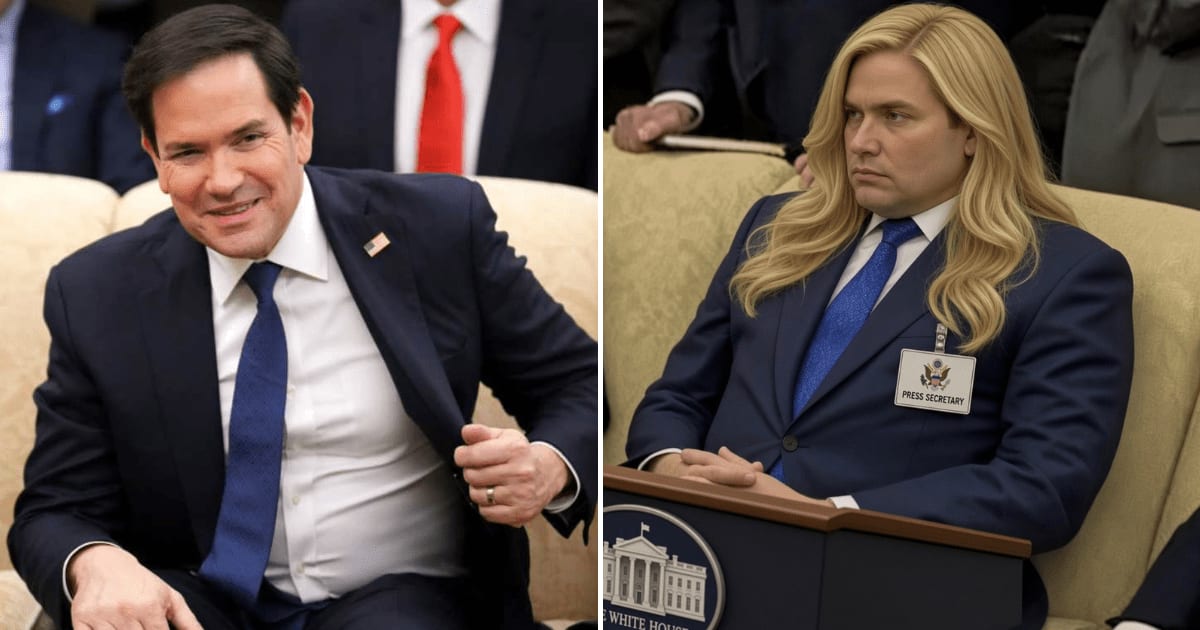 Marco Rubio became meme material as AI edits imagined him taking over the White House press podium (Getty Images, @libsoftiktok/X)