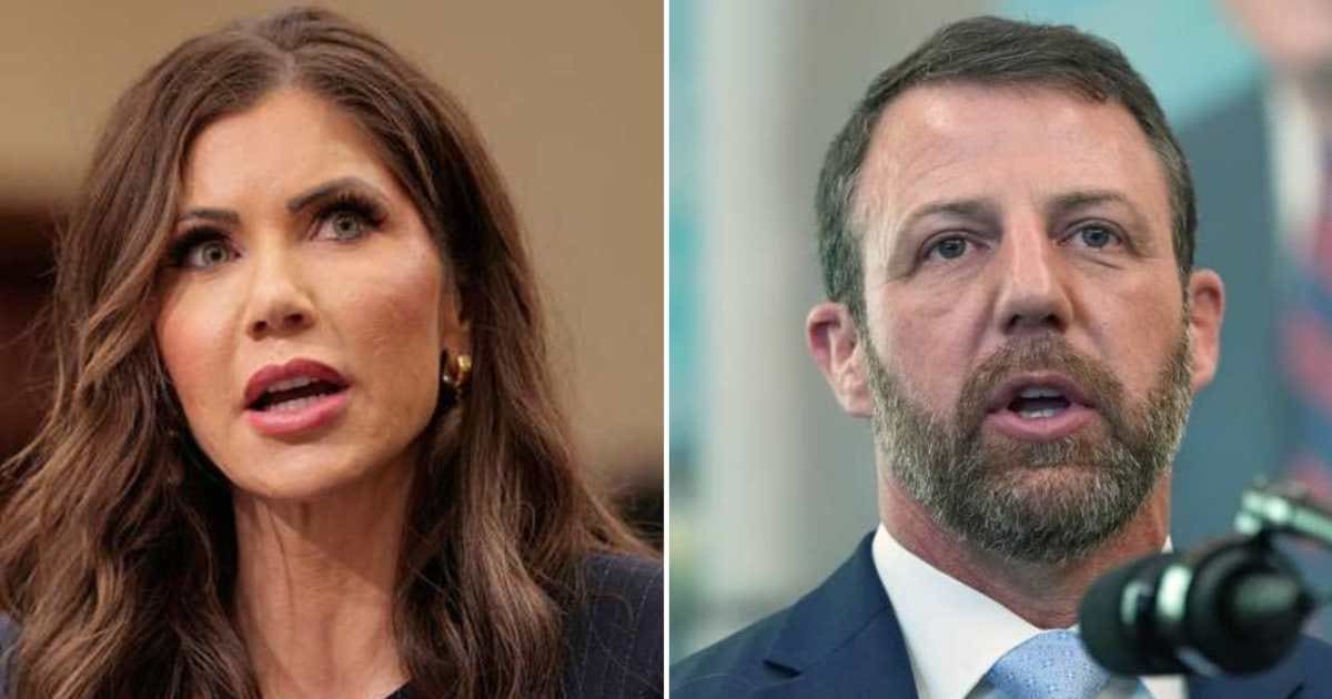 Current Department of Homeland Security Secretary, Markwayne Mullin, and his predecessor, Kristi Noem, have turned against each other over a $500 million fleet of 'barely used' jets.  (Chip Somodevilla/Getty Images, AP Photos)