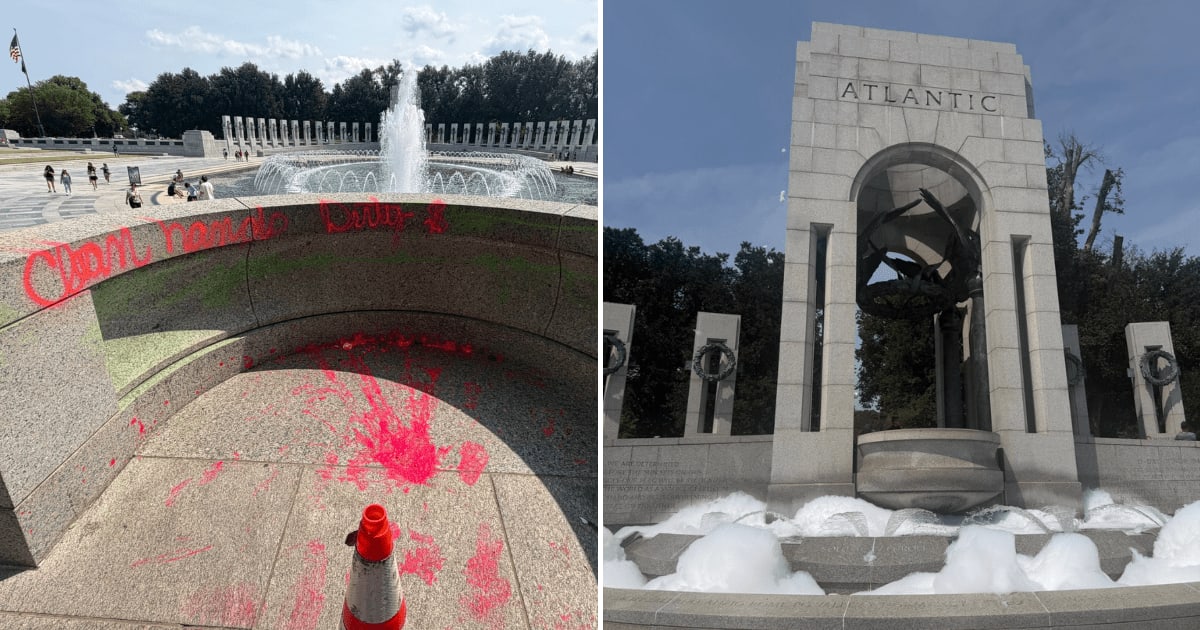 The vandalism at the World War II Memorial comes as several prominent monuments in Washington, DC, have been targeted in recent months (@PenguinSix/X)