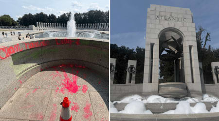 World War II Memorial vandalized with pink paint as fountain overflows with bubbles