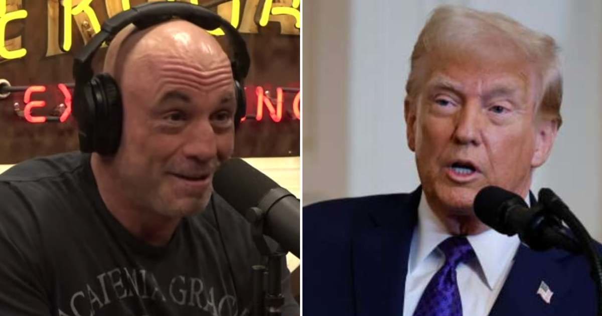 Donald Trump faced criticism from Joe Rogan over a Truth Social service that gives companies early access to potentially market-moving posts (@joerogan/Youtube, Chip Somodevilla/Getty Images)