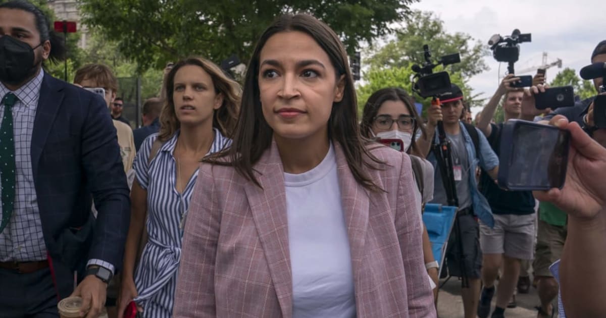 Rep Alexandria Ocasio-Cortez (D-NY) leaves after speaking to abortion-rights activists in front of the Supreme Court on June 24, 2022, in Washington, DC (Getty Images)