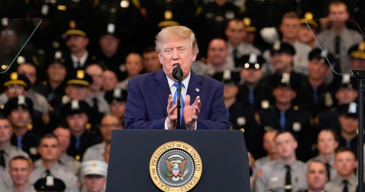 President Donald Trump speaks at the David Mack Center for Training and Intelligence, Friday, August 14, 2026, in Garden City, NY (AP Photo/Yuki Iwamura)