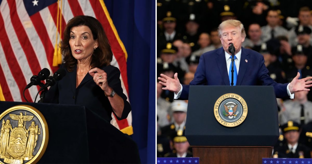 President Donald Trump delivered a law-and-order speech on Long Island, where he sharply criticized New York Governor Kathy Hochul (Michael M Santiago/Getty Images, AP Photo/Yuki Iwamura)