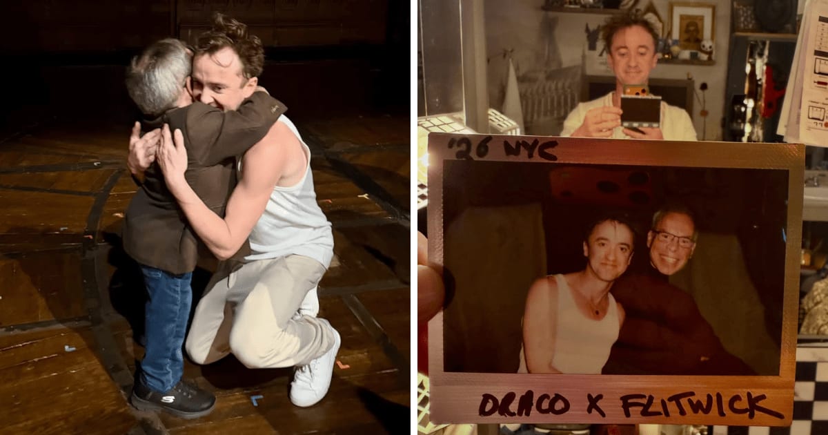 Tom Felton reunited with Warwick Davis backstage, nearly getting emotional during his Broadway performance. (Screengrab/@t22felton/Instagram)