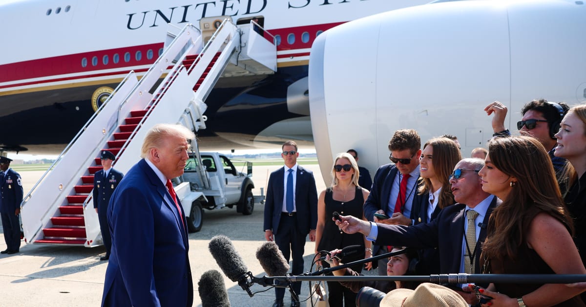 President Donald Trump stops to speak to reporters before boarding Air Force One en route to Dover Air Force Base on July 22, 2026 at Joint Base Andrews, Maryland. (Getty Images)