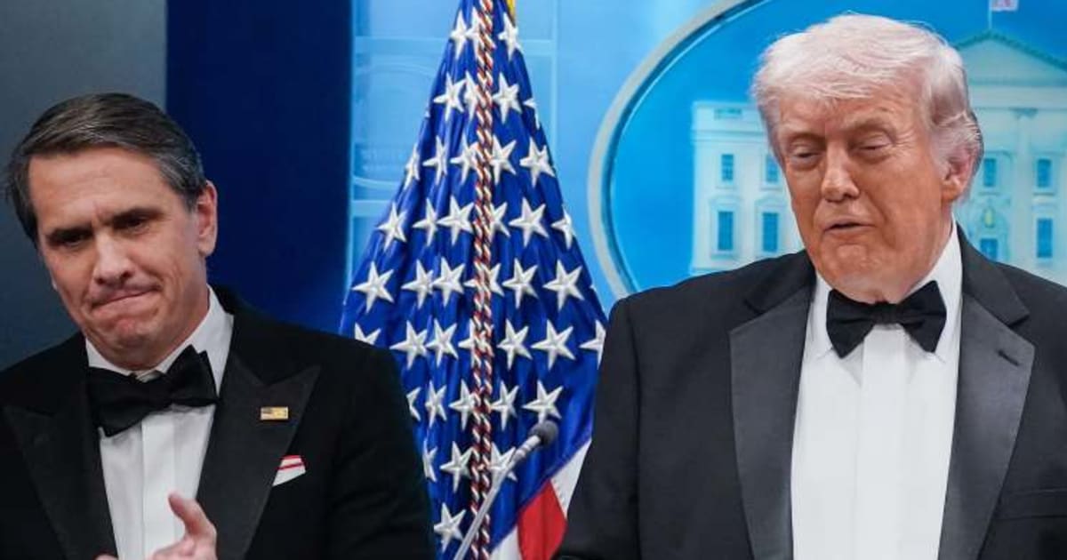 President Donald Trump speaks alongside Todd Blanche during a press conference in the Brady Briefing Room of the White House on April 25, 2026 in Washington, DC (Getty Images)