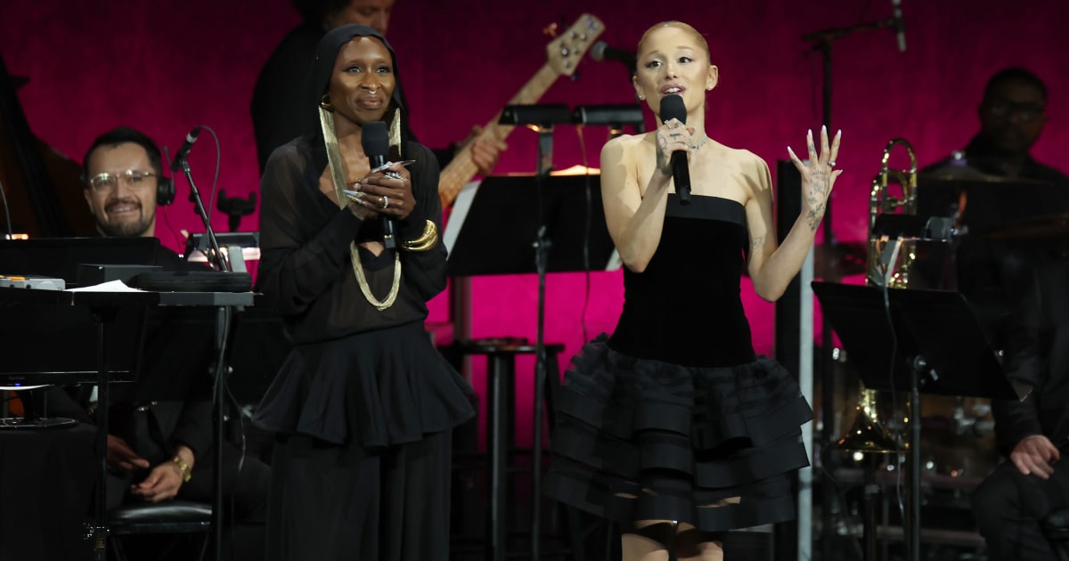 Ariana Grande and Cynthia Erivo surprised concertgoers by performing together on Sunday, August 16, at The O2 Arena in London (Getty Images)