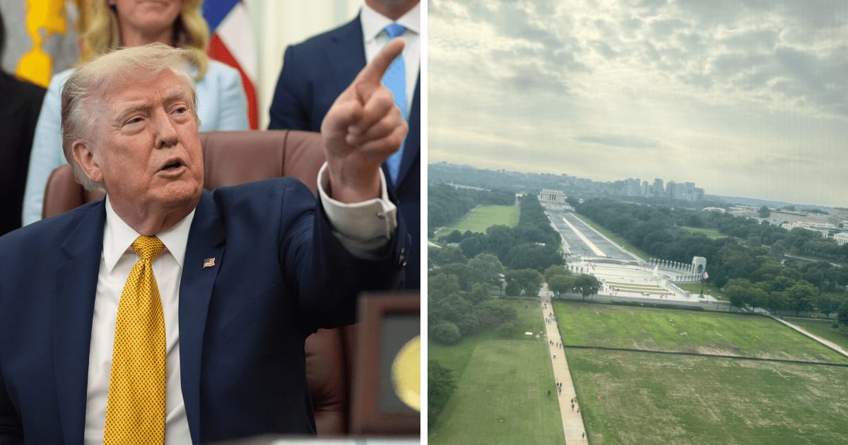 Donald Trump claimed vandals caused large patches of dead grass near the Lincoln Memorial Reflecting Pool (AP Photos and DonaldTrump/TruthSocial)