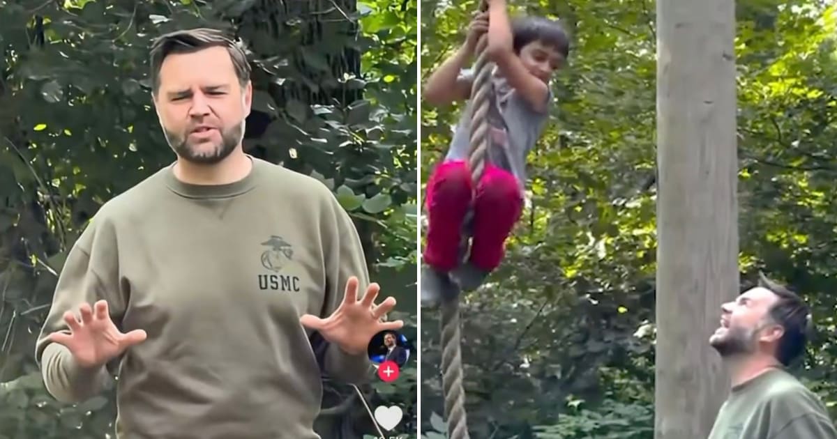 Vice President JD Vance posted a video on social media showing himself and his young son tackling a US Marine Corps obstacle course (@EricLDaugh/X)