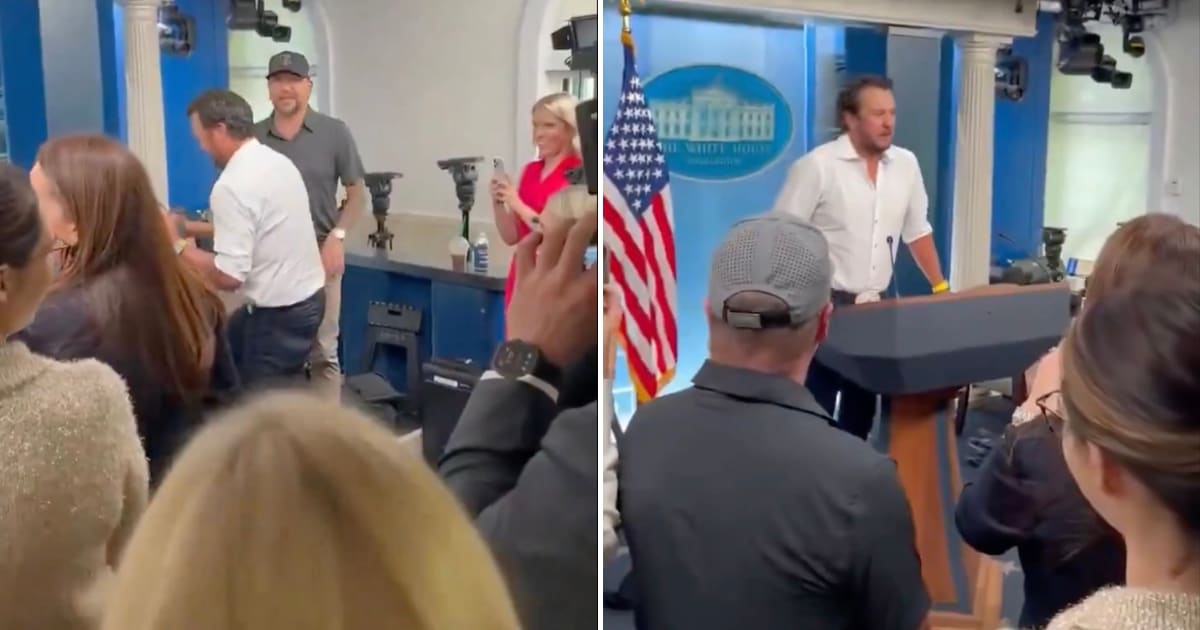 Country stars Luke Bryan and Jason Aldean visited the White House press briefing room ahead of their co-headlining tour stop in the Washington, DC area (@GrahamAllen/X)