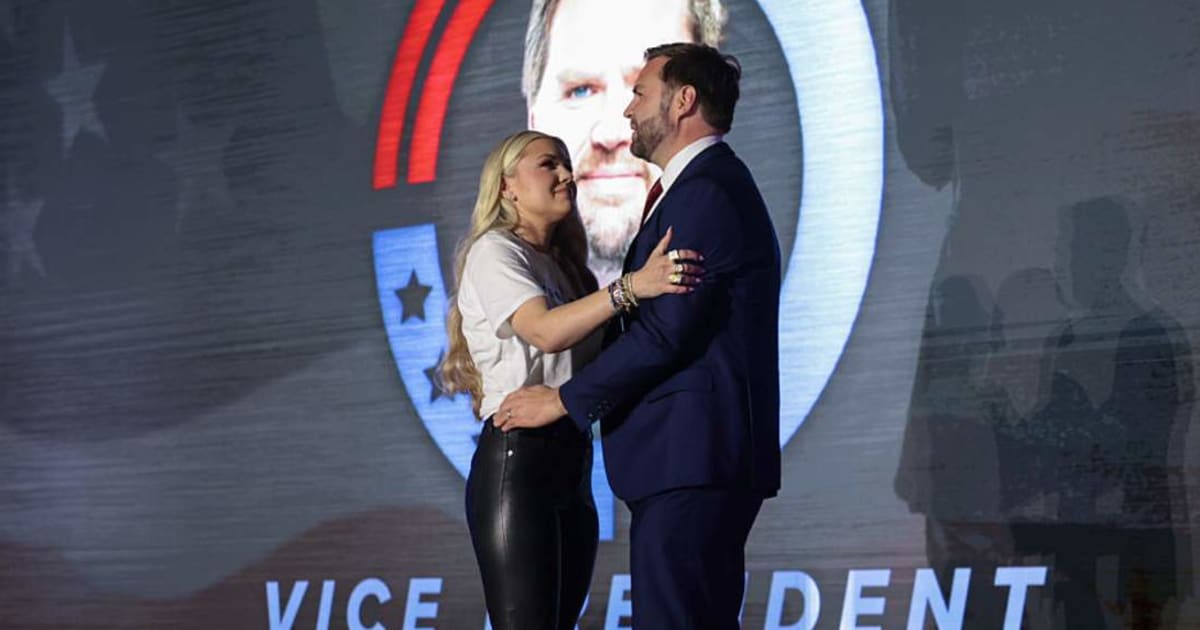  Erika Kirk and Vice President JD Vance embrace on stage during a Turning Point USA event at the Pavilion at Ole Miss at the University of Mississippi, on October 29, 2025, in Oxford, Mississippi (Getty Images)