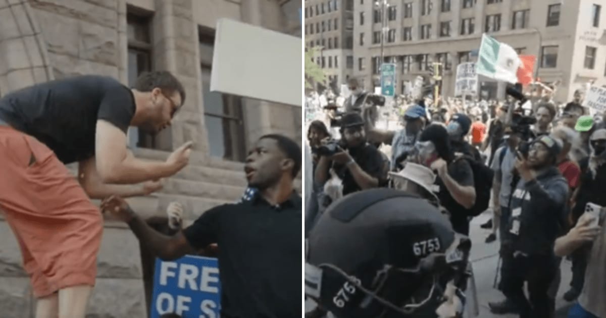 Chaos erupted in Minneapolis as protesters surrounded Jake Lang’s truck and clashed with authorities (@ScooterCasterNY/X)