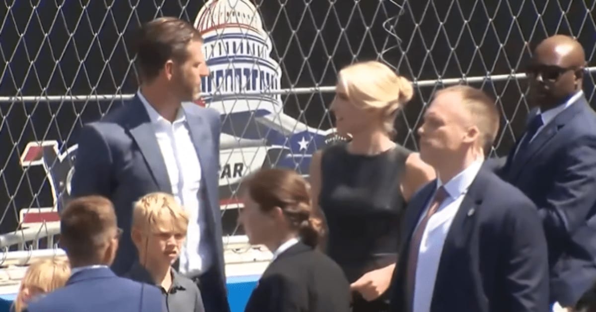 Several online posts claim Eric Trump called Natalie Harp “mom” during their conversation at an IndyCar race event (@atrupar/X)