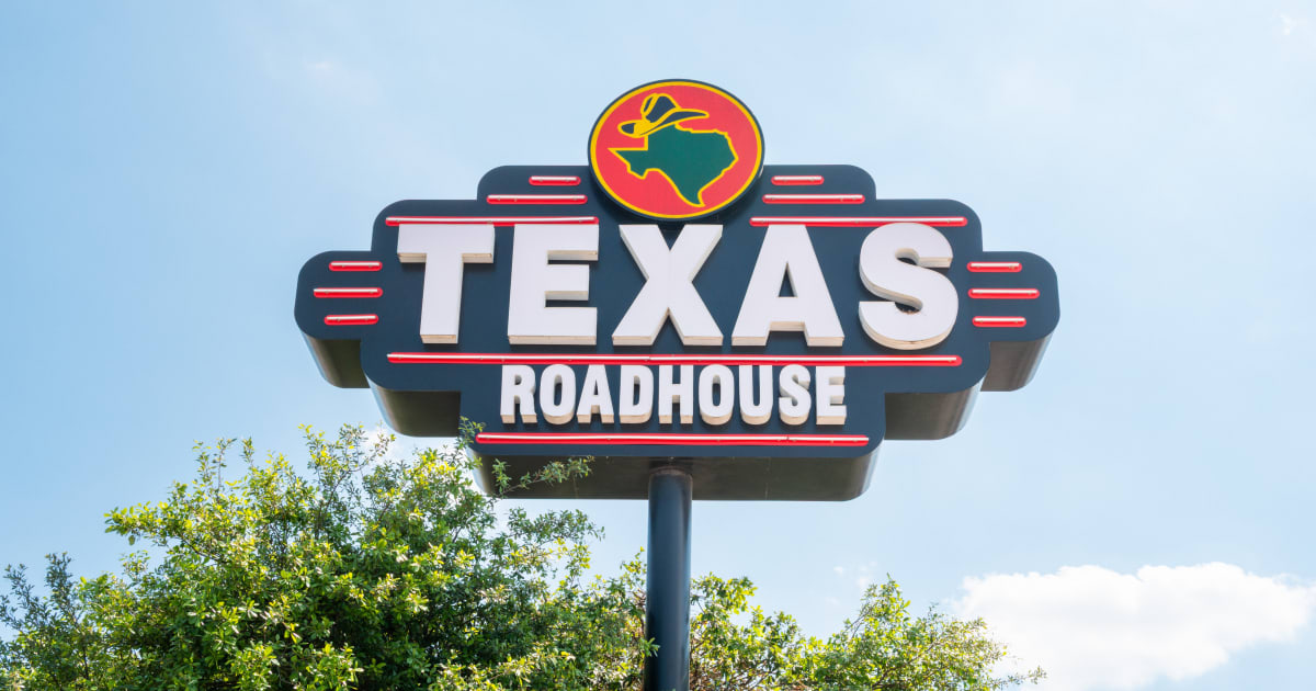 Signage is displayed at a Texas Roadhouse in Austin, Texas, on May 12, 2026 (Brandon Bell/Getty Images)