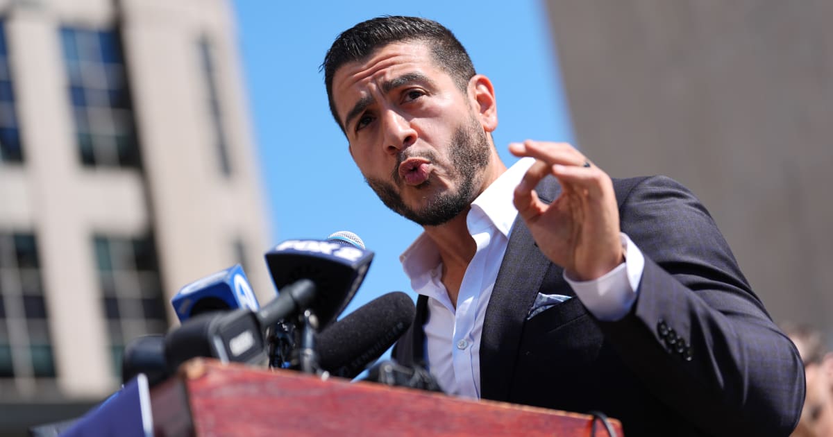 Abdul El-Sayed speaks at a news conference at the Spirit of Detroit shortly after winning the Democratic nomination for Senate in Michigan, Wednesday, Aug. 5, 2026, in Detroit (AP Photo/Julia Demaree Nikhinson)