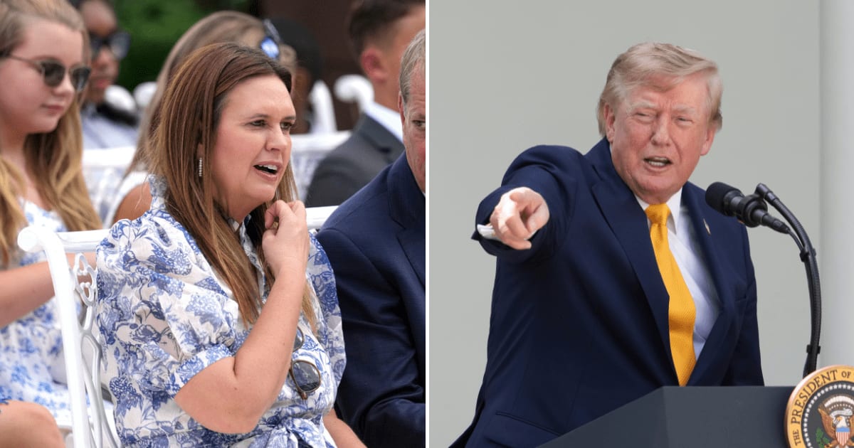 While praising current White House Press Secretary Karoline Leavitt as a 'great, great press secretary,' President Donald Trump stopped short of calling her the best after noticing former press secretary Sarah Huckabee Sanders sitting in the audience (AP 