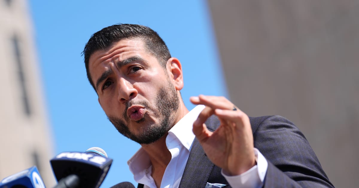 Abdul El-Sayed speaks during a news conference at the Spirit of Detroit shortly after winning the Democratic nomination for Senate in Michigan, Wednesday, Aug. 5, 2026, in Detroit (AP Photo/Julia Demaree Nikhinson)