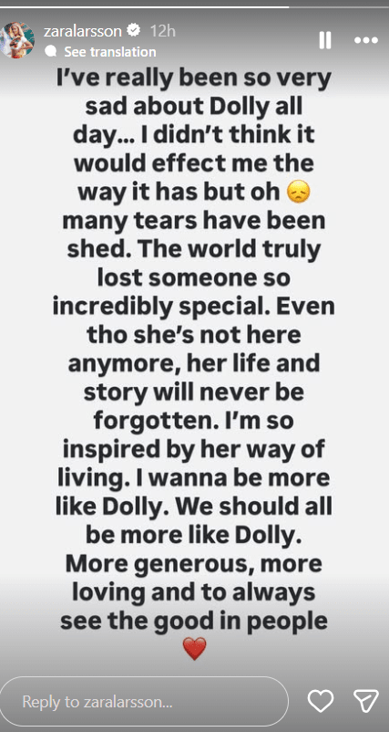 Zara Larsson mourns Dolly Parton's death