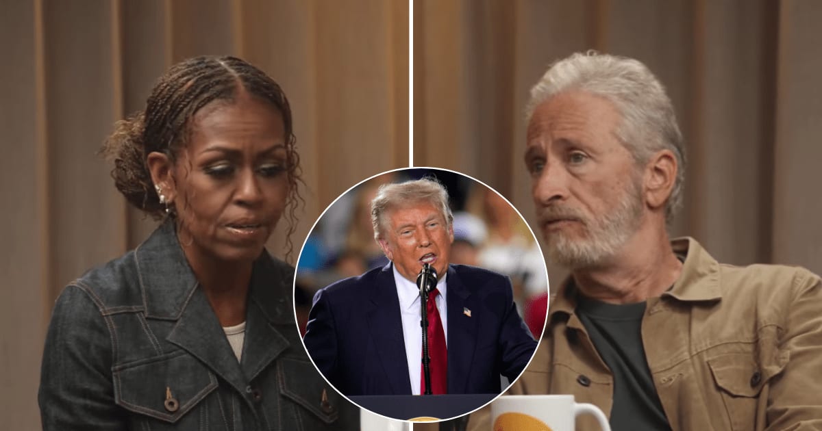 Michelle Obama called Donald Trump’s return to the White House 'surreal,' while Jon Stewart criticized his 'perversion of leadership' (IMO Podcast/YouTube and AP Photos)
